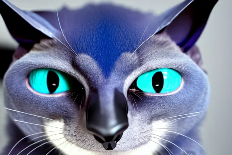 Image similar to a blue - and - black male catbat fursona with blue / green heterochromatic eyes ( differently colored eyes ) and huge bat ears, photo of the catbat streaming on his computer