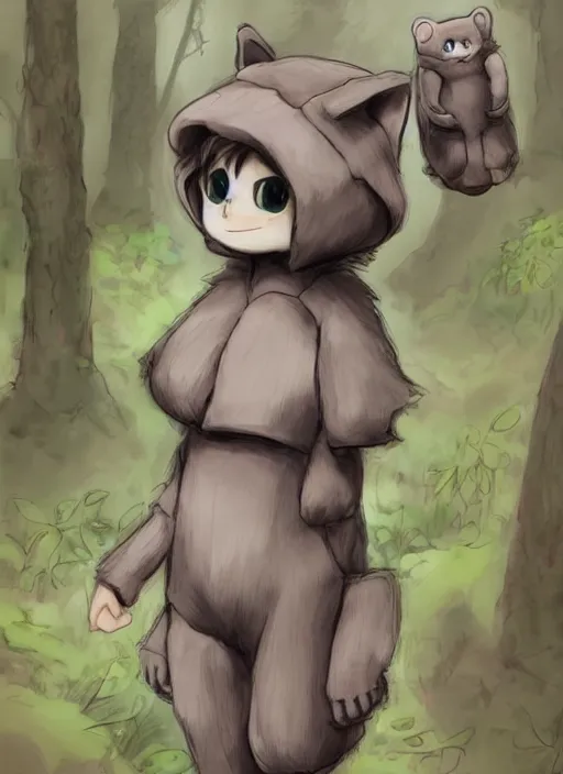 Image similar to beautiful little cat wearing an cyborg bear suit, artwork in kentaro miura and made in abyss and rosdraws and codename : kids next door, smooth, beautiful lightness, anatomically correct, trending on pixiv, forest