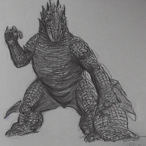 Prompt: court sketch of godzilla on trial