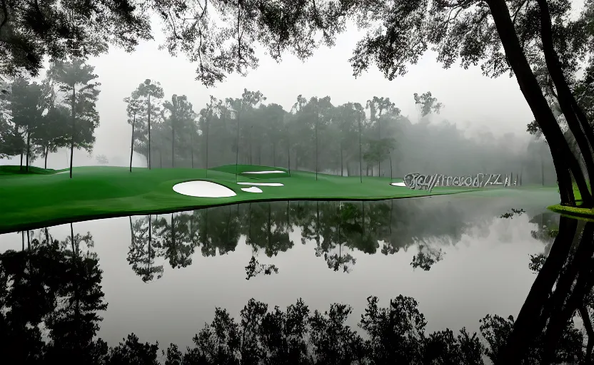 Prompt: augusta national, the masters, many beautiful flowers and magnlia trees, completely flooded with brown water during rain storm, beautiful ambient light, fog,