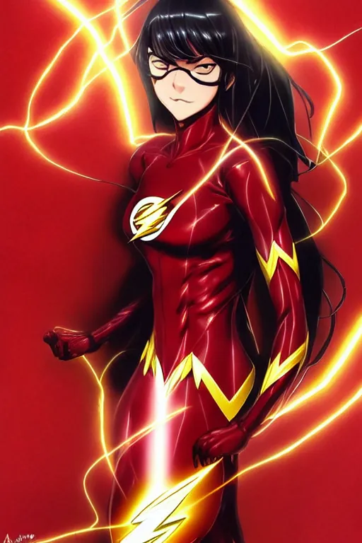 Image similar to anime key visual of a beautiful female the flash!! intricate, red, black, gold suit, powers, speed, lightning hate, dc comics, cinematic, stunning, highly detailed, digital painting, artstation, smooth, hard focus, illustration, art by artgerm and greg rutkowski and alphonse mucha