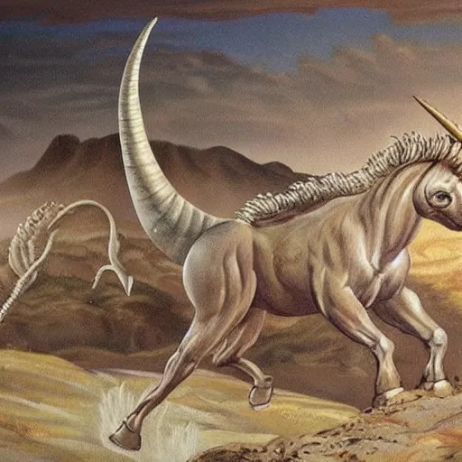 Image similar to painting of one of the worst fossil reconstructions in human history a really long unicorn horn realism painting