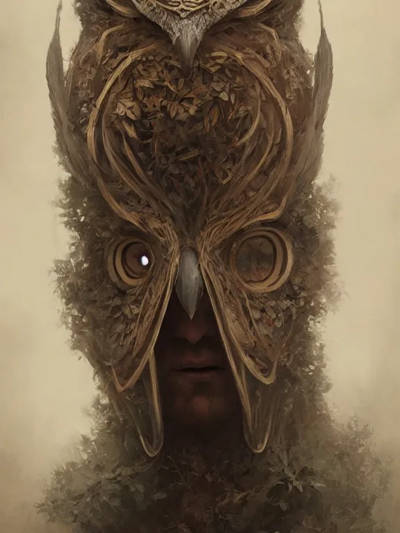 Prompt: a ultradetailed beautiful concept art of a strange and discreet human, hiding his face with an intricate wooden mask of an owl, concept art, high resolution 4 k, by tom bagshaw, greg rutkowski, charli bowater and artgeem