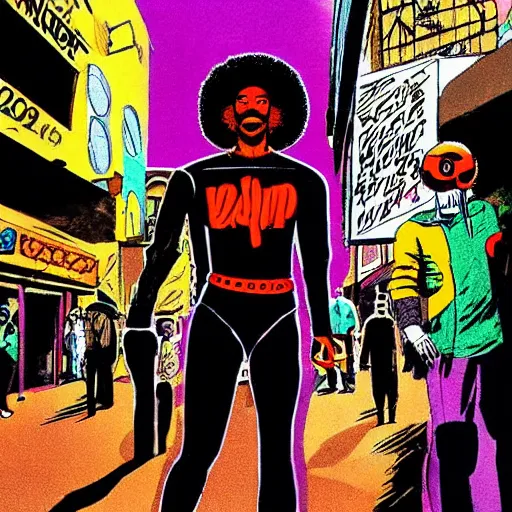 Prompt: afrofuturist man in a crowded busy street wearing a jumpsuit, simple, cyberpunk, far shot, full body shot, 1970s comic art style, retrofuturist