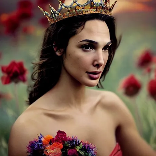 Image similar to fine art photo of the beauty gal gadot, she is posing while maintain a sweet eye contact to the camera, she has a crown of flowers, the photo was taken at sunrise with a bokeh effect, by steve mccurry, photorealistic, matte painting, hyper realistic, 4 k, 8 k, cinematic composition, hd, highly detailed, trending on artstation