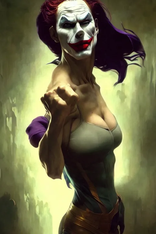 Image similar to aeon flux as the joker picture by Greg Rutkowski, dynamic pose, matte painting, intricate, fantasy concept art, elegant, by Stanley Artgerm Lau, WLOP, golden ratio, thomas kindkade, alphonse mucha, loish, Peter chung, norman Rockwell,