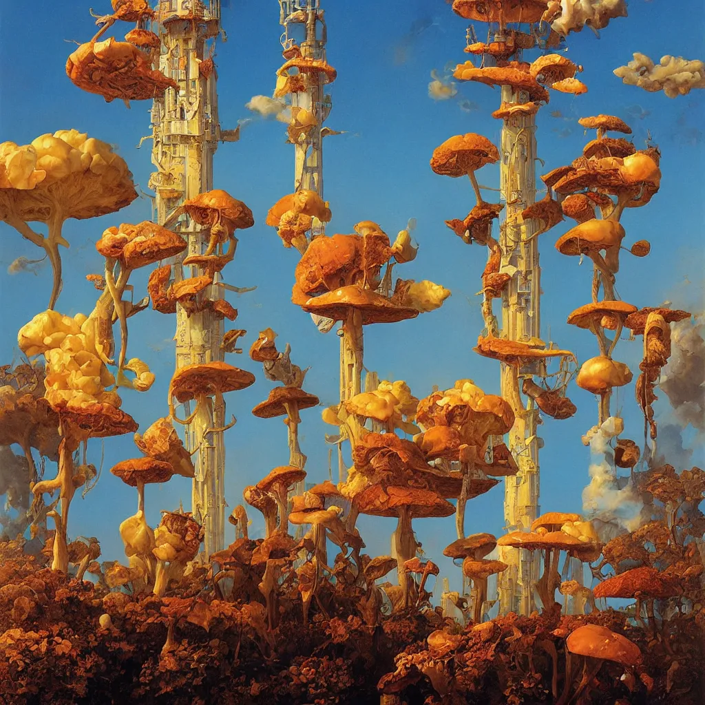 Prompt: a single! colorful! fungus tower clear empty sky, a high contrast!! ultradetailed photorealistic painting by thomas blackshear, hard lighting, masterpiece