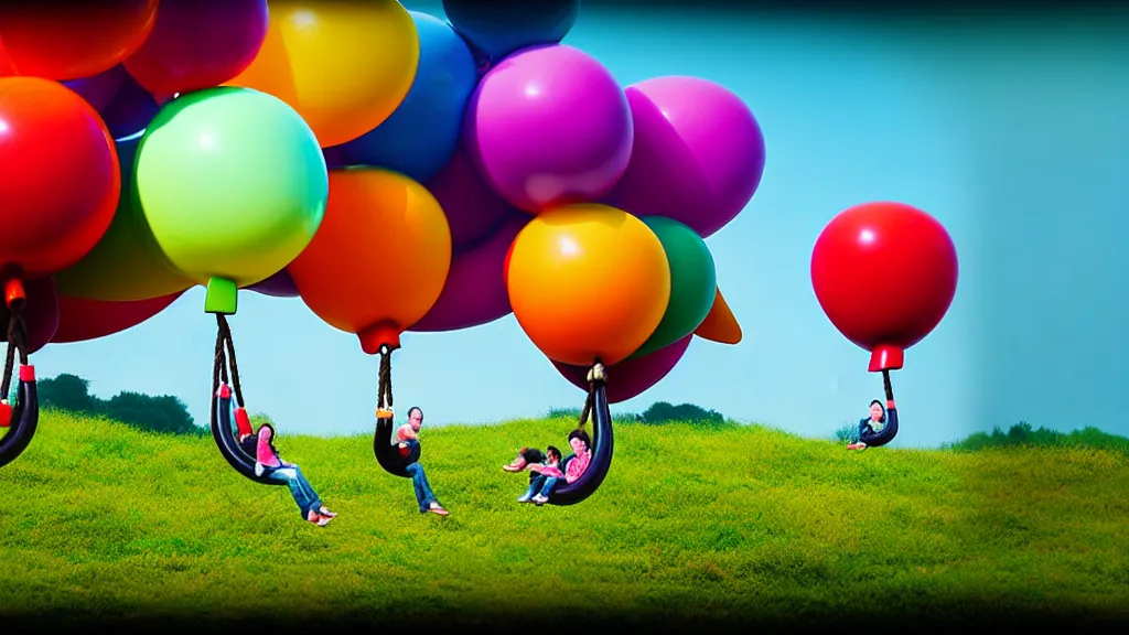 Image similar to large colorful balloons with people on rope swings underneath, flying high over the beautiful countryside landscape, professional photography, 8 0 mm telephoto lens, realistic, detailed, digital art, unreal engine