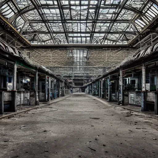 Image similar to ultra - photorealistic, abandoned fish market, urban legend portrait, intricate details, sharp focus, baroque, beautiful, symmetrical, reduce duplicate content, ultra - details perfect object, 4 k, uhd, random content position