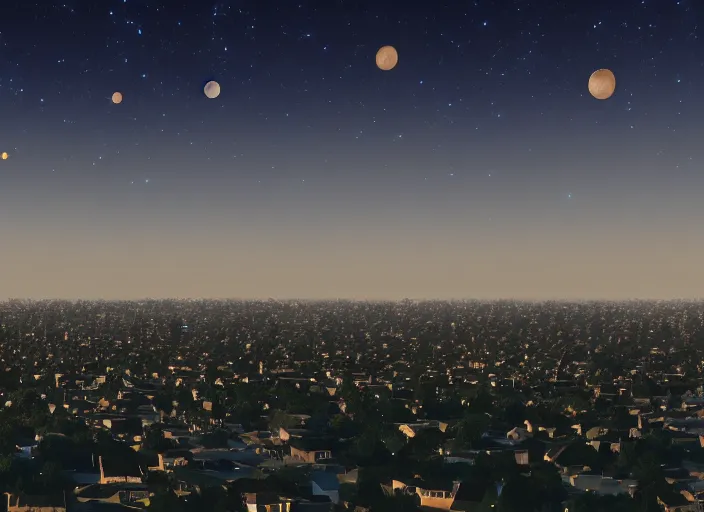 Image similar to thousands of moons scattered across the sky. thousands of big moons, focus on the sky. thousands of houses in the city, hyperrealism, no blur, 4 k resolution, ultra detailed
