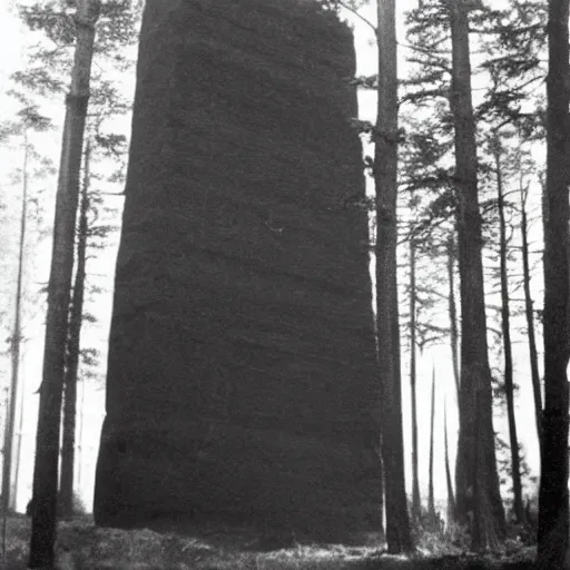 Image similar to old photograph of a giant monolith in a haunted forest