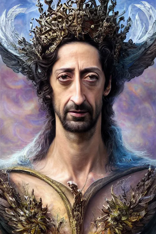 Image similar to closeup portrait shot of adrien brody as king oberon, fairy wings, lord of beasts, highly detailed, digital painting, artstation, concept art, soft focus, depth of field, artgerm, tomasz alen kopera, peter mohrbacher, donato giancola, wlop, boris vallejo