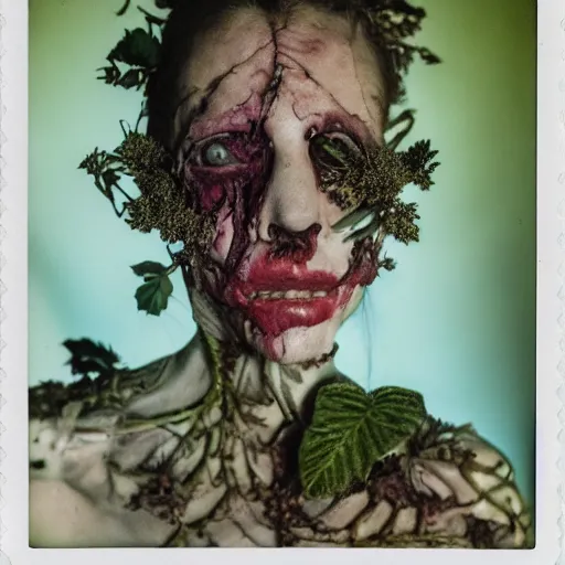 Image similar to a beautiful detailed front view portrait of a rotten woman corpse with fractal plants and fractal flowers growing around, volumetric light, beautiful lit, polaroid photography