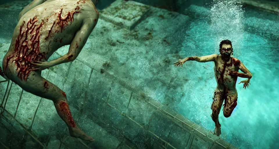 Image similar to highly detailed full body portrait of a zombie swimming underwater in a zombie - apocalypse, in a swimming pool, style of plants vs zombies, octane render