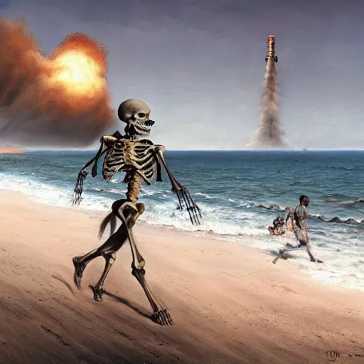 Image similar to Professional painting of anatomically correct skeleton walking along the beach, big highly detailed nuclear bomb explosion in the background, trending on Artstation, realistic, ultra detail, by Greg Rutkowski