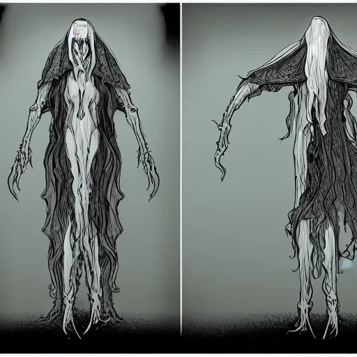 Image similar to concept designs for an ethereal wraith like figure with a squid like parasite latched onto its head and long tentacle arms that flow lazily but gracefully at its sides like a cloak while it floats around a forgotten kingdom in the snow searching for lost souls and that hides amongst the shadows in the trees, this character has hydrokinesis and electrokinesis for the resident evil village video game franchise with inspiration from the franchise Bloodborne and the mind flayer from stranger things on netflix