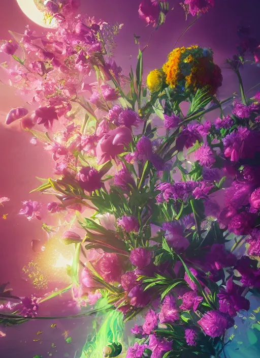 Image similar to An epic fantastic realism comic book style painting of the most beautiful flowers launched into space, bouquets, fisheye lens, unreal 5, DAZ, hyperrealistic, octane render, dynamic lighting