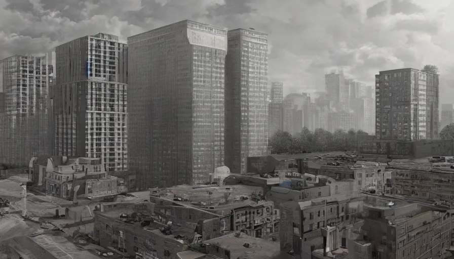 Image similar to american city, modern times, an apartment building, four stories high, with a huge water tank on the roof. the color of the picture is gray, and the painting style is realistic, hyper realism, realistic shading, cinematic composition, realistic render, octane render, detailed textures, photorealistic, wide shot