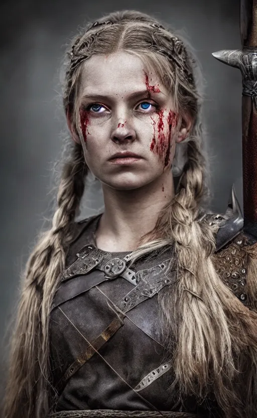 Prompt: photorealistic 3/4 photograph of beautiful female viking warrior with large sad gray eyes, bloody, cinematic, 28mm
