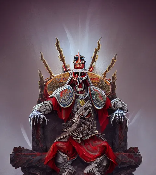 Image similar to mongolian skeleton king sitting throne artstation, 8 k, detailed, fog, ornament fire red blue