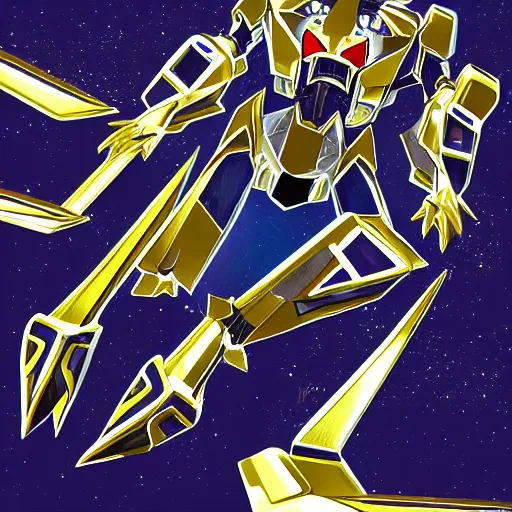 Image similar to metallic / chrome tigerzord in the style of james white. epic illustration.