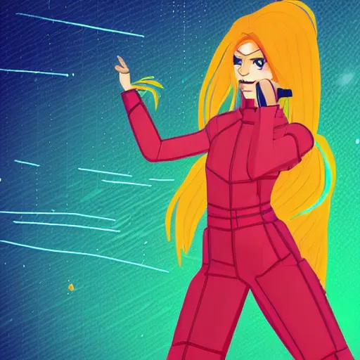 Prompt: a daring badass female main character with vibrant long flowing hair, wearing a high tech jumpsuit, pixel art, from an award winning video game, masterpiece