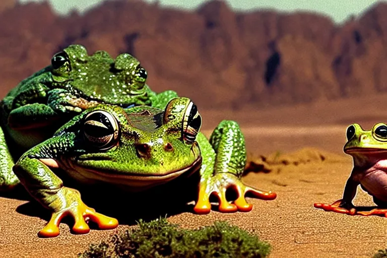 Image similar to a giant frog sitting with mike tyson in the desert, mike tyson with a toad, movie directed by martin scorsese and christopher nolan, masterpiece, 8 h