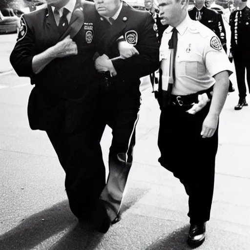 Prompt: Donald Trump being handcuffed and walked to a cop car, 35mm film, dslr photography