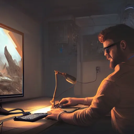 Image similar to realistic man using pc in gaming room, artstation trends, sci fi concept art, highly detailed, intricate, sharp focus, digital art, 8 k