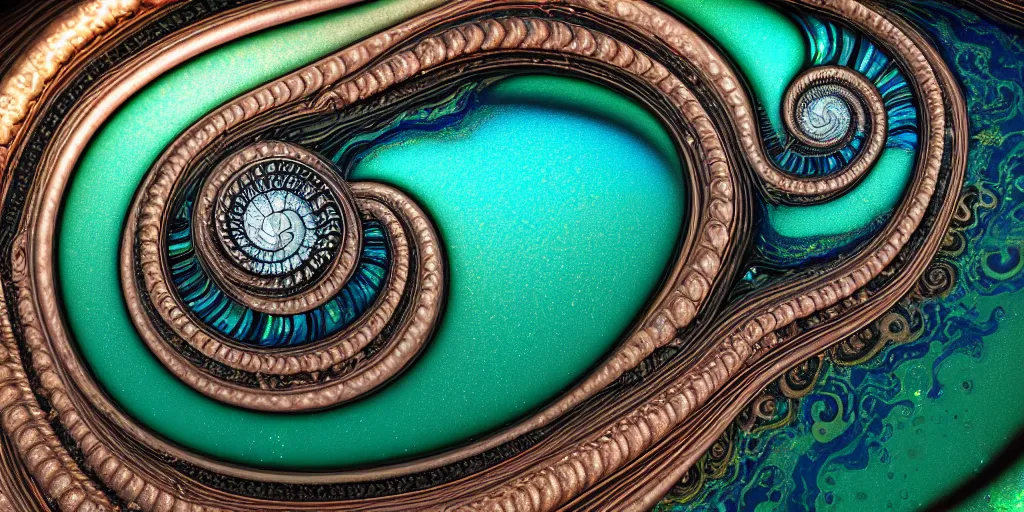 Prompt: cinematic landscape, art nouveau cresting oil slick waves, ammonite, bubbles in a shiny iridescent oil slick wave, black opals, ornate copper patina art nouveau spiral ornament, rococo, organic rippling spirals, hyperdetailed photorealistic ultrasharp octane render