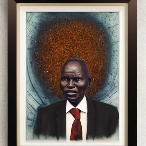 Image similar to a painting of a fatherly, aquiline nose wide forehead, round face, XXL , loving, caring, generous, ever-present, humble, wise elder from Kenya in a suit by Wangechi Mutu . Fatherly/daddy, focused, loving, leader, relaxed,. ethereal lights, details, smooth, sharp focus, illustration, realistic, cinematic, artstation, award winning, rgb , unreal engine, octane render, cinematic light, macro, depth of field, blur, red light and clouds from the back, highly detailed epic cinematic concept art CG render made in Maya, Blender and Photoshop, octane render, excellent composition, dynamic dramatic cinematic lighting, aesthetic, very inspirational, arthouse.