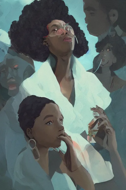 Image similar to a black woman ancestor watching her kids from the sky ( ( ( ( volumetric light ) ) ) ), high angle, part by pearl fryar, part by prince damah, sunny day, trending on artstation, cinematic view, illustration, painting.