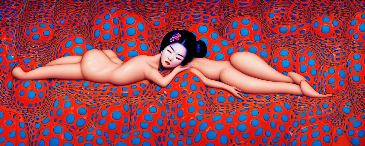 Image similar to realistic detailed image of a geisha laying down in a padded room, conjuring psychedelic background, part by yayoi kusama, part by alex gray, part by ross tran, part by james jean, ultra realistic, highly detailed, life like face, detailed body, 8 k, octane render, trending on artstation, very cohesive, masterpiece