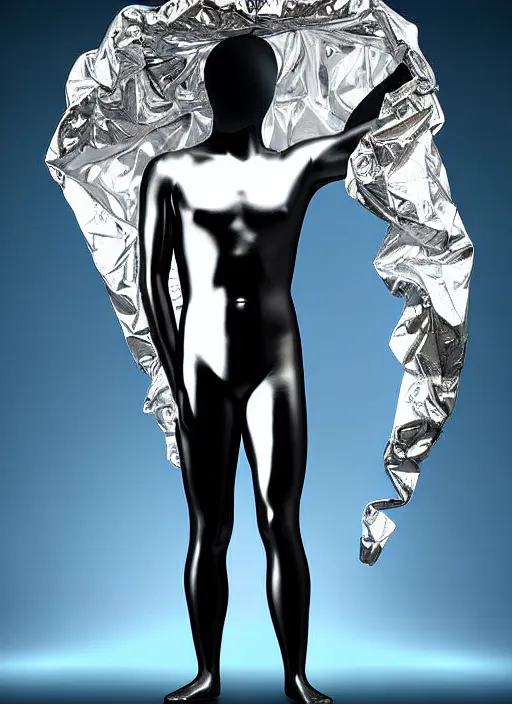 Image similar to man wrapped in foil standing cenimatic digital art