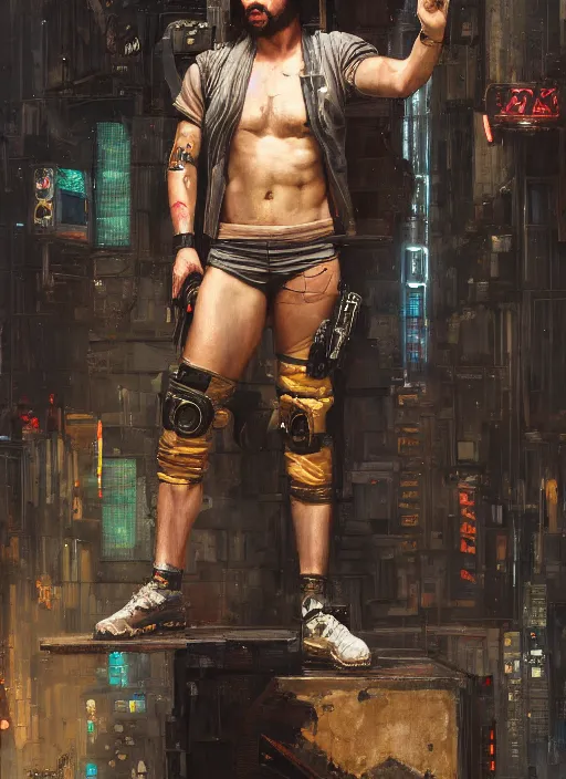 Prompt: dumb meathead. cyberpunk mercenary in a cyberpunk jumpsuit ( blade runner 2 0 4 9, cyberpunk 2 0 7 7 ). orientalist portrait by john william waterhouse and james gurney and theodore ralli and nasreddine dinet, oil on canvas. cinematic, hyper realism, realistic proportions, dramatic lighting, high detail 4 k