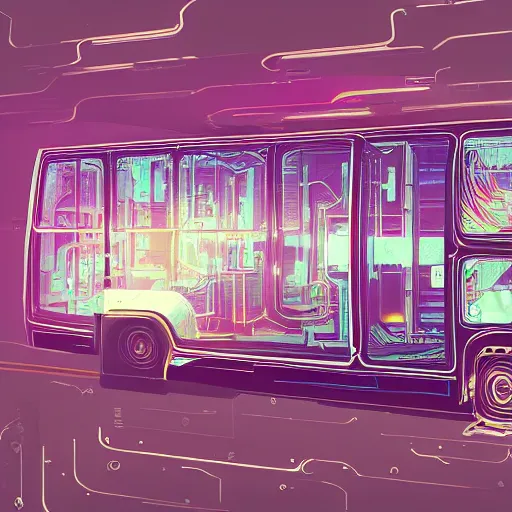 Image similar to an interdimensional travelling bus, cyberpunk aesthetic, abstract, highly - detailed