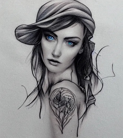 Image similar to tattoo design sketch of a beautiful blue - eyed woman face with a faded background of beautiful mountains and nature on her side, hyper - realistic, in the style of den yakovlev, amazing detail, black and white