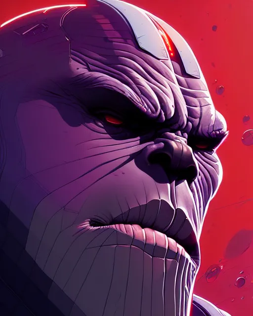 Image similar to highly detailed closeup portrait of a highly tech - enhanced thanos who has many biological implants, by atey ghailan, by greg rutkowski, by greg tocchini, by james gilleard, by joe fenton, by kaethe butcher, red, black, crimson and grey color scheme