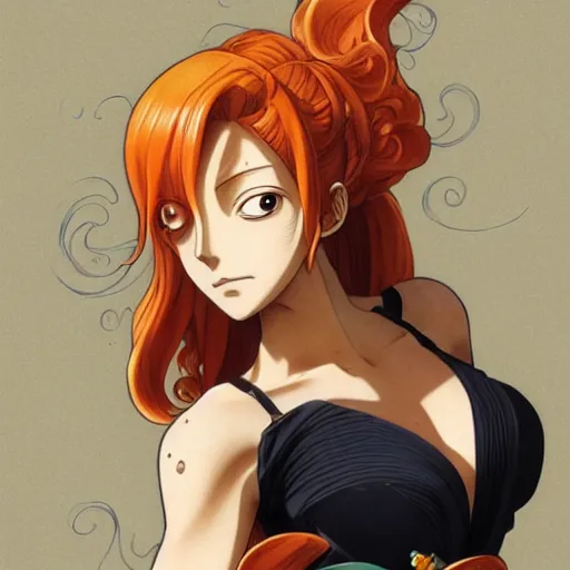 Prompt: intricately detailed vfx portrait of nami from one piece by eiichiro oda, makoto shinkai, alphonse mucha, art by artgerm and greg rutkowski, best of behance, concept art, matte, sharp focus, orange hair, elegant, adolphe bouguereau, annie leibovitz, stanley kubrick, hdr,