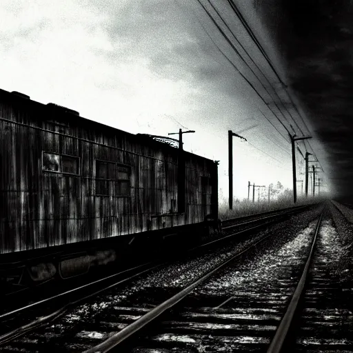 Prompt: the disembodied spirit of a dangerous railroad demon, Boxcar on the railroad, atmospheric and depressed, Cinematic, film still from a horror movie