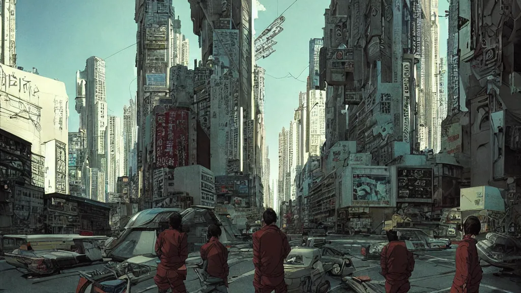 Image similar to realistic aesthetic highly detailed photography of characters in akira scene, characters with hyperrealistic highly detailed faces. from akira by katsuhiro otomo and alejandro hodorovski and denis villeneuve and gregory crewdson style with many details by mike winkelmann and vincent di fate in sci - fi style. volumetric natural light hyperrealism photo on dsmc 3 system