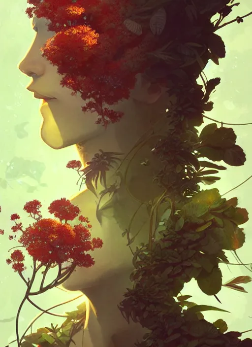 Image similar to illustrated by satoshi kon and greg rutkowski, a cyborg face in some plants with flowers and berries for a face, 6 0's retro sci - fi flat surreal design