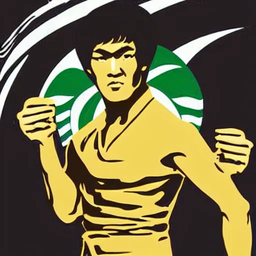 Prompt: bruce lee as a barista working in starbucks digital art