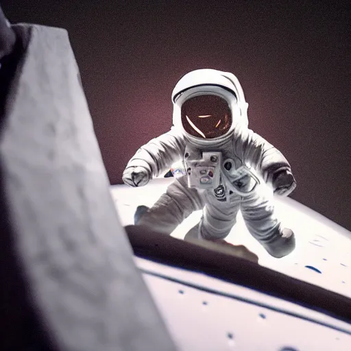 Image similar to Baby astronaut descending of a ship on The moon dramatic lighting stopmotion movie shoot