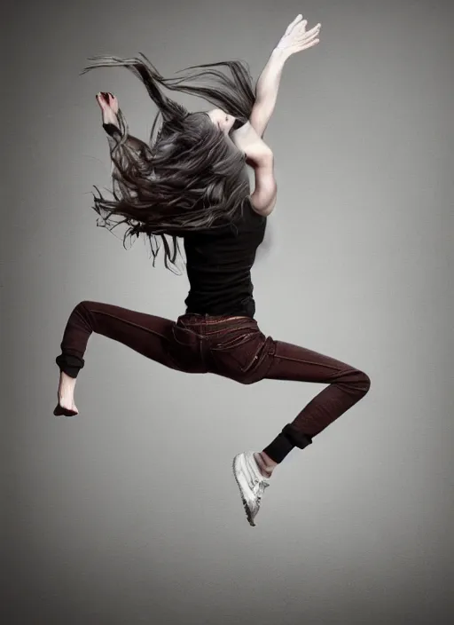 Image similar to a shocking radically realistic fine art painting of a early twenties female parkour scene wearing jeans and flowing hair, inspired by David Stoupakis, studio portrait, muted colors, detailed hair, cinematic lighting, 4K