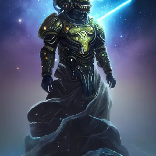 Image similar to photorealistic fantasy cosmic concept art of a cosmic god with armor made out of planets and dark matter, hovering in a unknown galaxy, fully body portrait, cinematic, dynamic lighting, ultra detailed, creative, trending on art station, stunning visuals, creative