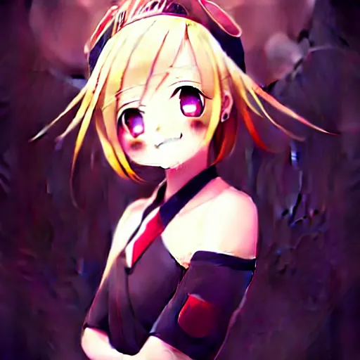 Image similar to the portrait of a kagamine rin, she smiles sweetly, her hair and eyes shines from the spotlights, digital art, anime, trending on pixiv