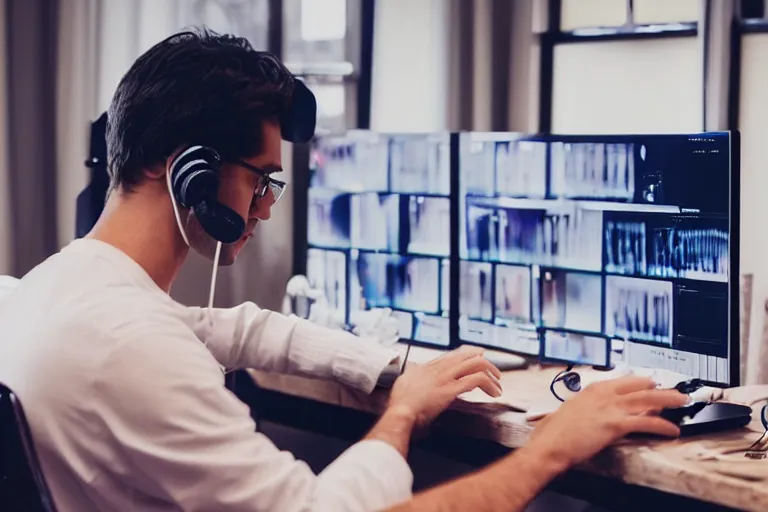 Image similar to a man at his computer wearing earbuds, a symphony orchestra on the screen