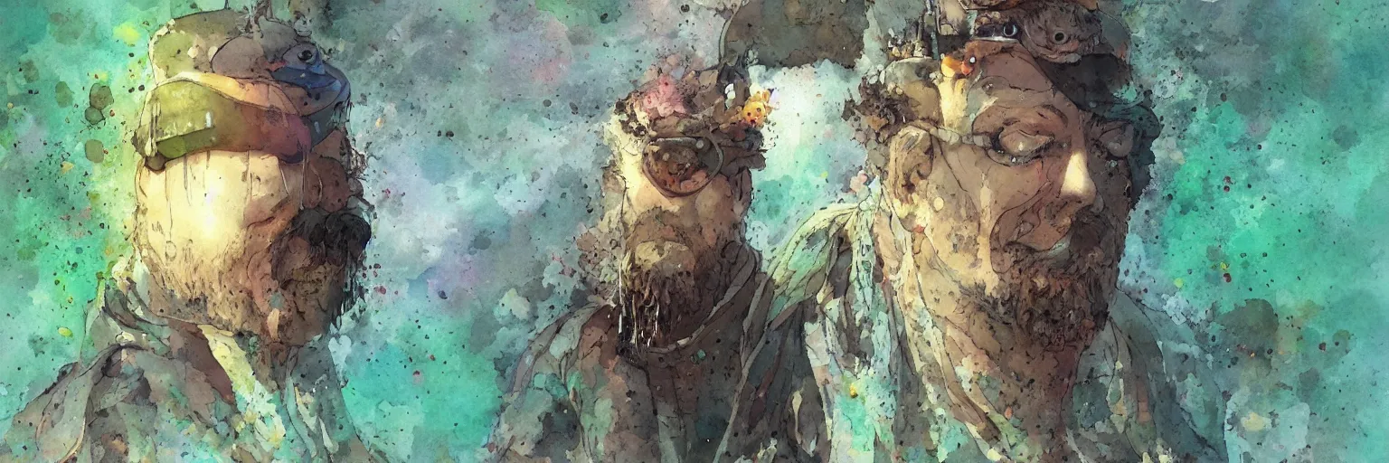 Image similar to plant based warrior monk wearing augmented reality visor while meditating by Jean-Baptiste Monge, post processing, painterly, book illustration watercolor granular splatter dripping paper texture. Trending on artstation, post processing, pen and ink work. sharp focus.