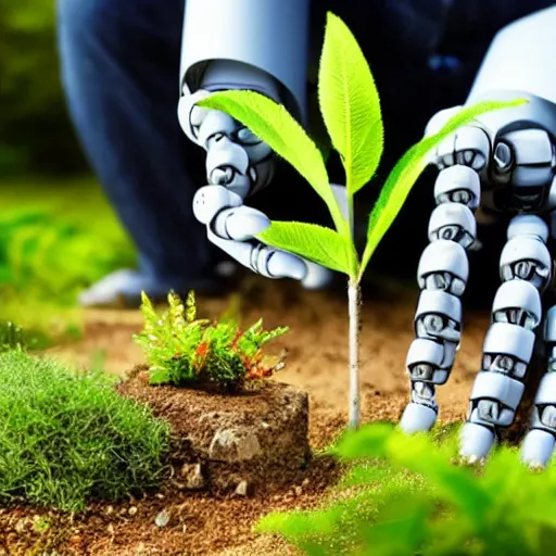 Image similar to robot in his hands is holding a small piece of land with a small ecological green plant